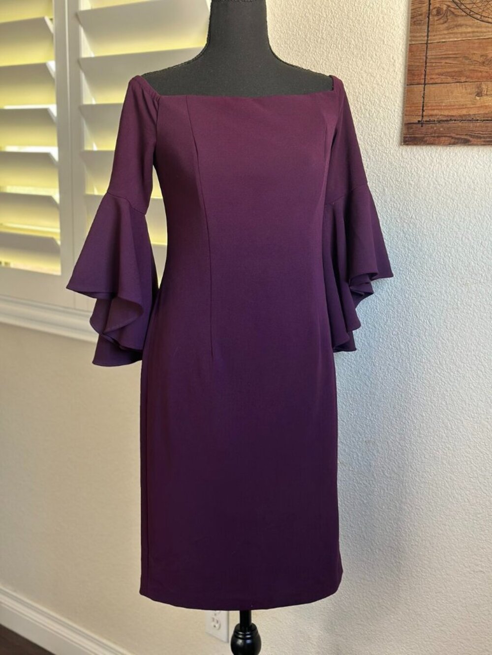 Calvin Klein Plum Off-Shoulder Bell Sleeve Sheath Dress Size 8